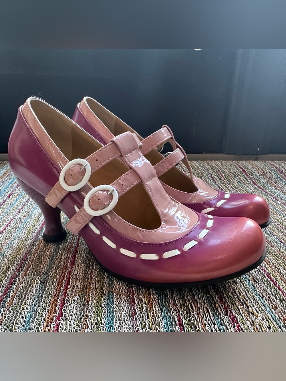 Fluevog EXCELLENT Bellevue Mary Fields plum metallic 2-strap Mary Jane heel- 6.5